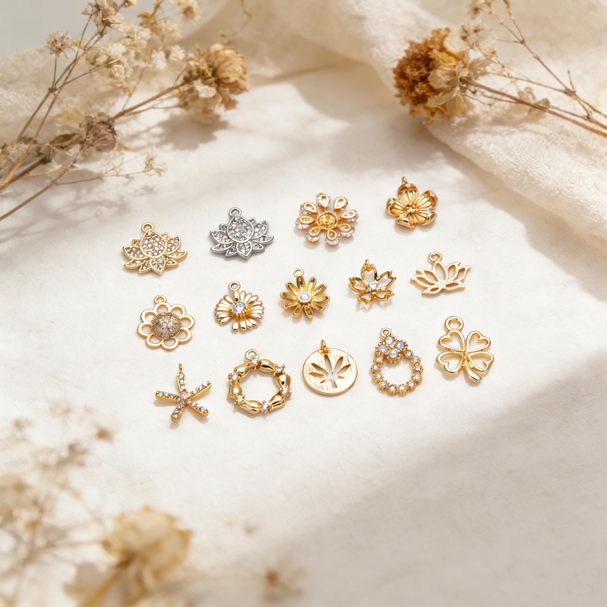 4pcs CZ Pave Gold/ Silver tone Flower Charm Pendants , Real Gold/ Rhodium plated Brass Earring charms, Color Not Easily Tarnish (GB-321)
